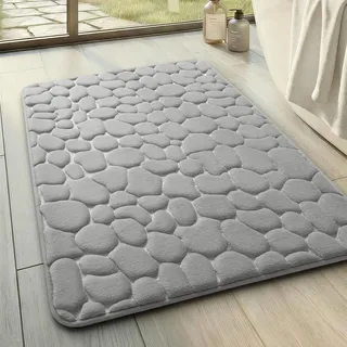 chakme Badematte rutschfest, 43x61 cm Hellgrau Badezimmerteppich | Memoryschaum Badteppich, Waschbar Badvorleger, Wasserabsorbierend Kieselsteine Duschvorleger