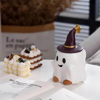 Huiyiwert 3D Geistertasse Halloween Geist Kaffeetasse mit Hexenhut Deckel Lustige Teetasse Milchbecher Geisterförmige Keramiktasse für Mädchen Frauen Männer Jungen Freunden (Lächeln)