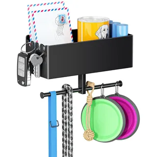 Hundegarderobe mit Ablage, Schwarz Hunde Garderobe, Hundeleinen Halterung Wand, Hundeleine Aufhängung Ohne Bohren, Hundeleinen Garderobe, Metall Schlüsselbrett, Halterung für Hundeleinens und Zubehör