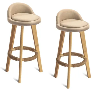 Junpllvic Thekenhoher Barhocker aus Holz, Set aus 2 Stühlen mit niedriger Rückenlehne, mit Leinen gepolsterter Kücheninsel-Frühstückshocker