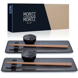 Moritz & Moritz VIDA 10-tlg. Sushi Geschirr Set für 2 Personen - Sushi Servierset mit 2x Sushi-Teller, Dip-Schälchen und Stäbchen