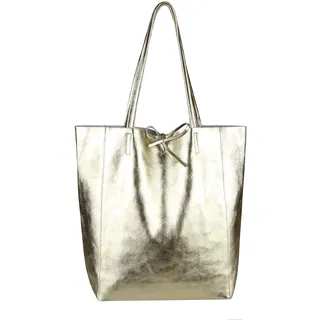 OBC Made in Italy Damen Leder Tasche Din-A4 Shopper Schultertasche Henkeltasche Tote Bag Metallic Handtasche Umhängetasche Beuteltasche (Gold-Metallic) - XXL