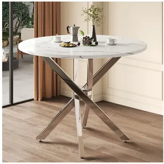 Flieks Esstisch runder Tisch Multifunktionstisch (galvanisierte Tischbeine mit verstellbaren Fußpolstern in silberfarben, 1-St., 1 Tisch, B80xH75 cm), moderner Küchentisch Arbeitstisch, Tischplatte in weißer Marmoroptik weiß