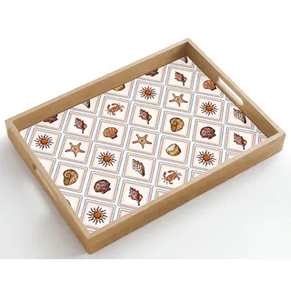 OnlyWow Tablett Rechteckig mit Henkel Küste - Meer - Kokosnuss - Schale, Eichenholz, (1-tlg), Servierbrett Groß, Tischdeko, Platte, Tisch Deko 50 cm x 35 cm x 5 cm