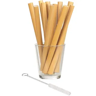 Rosenstein & Söhne Bio-Bambus-Trinkhalme: 12 Bambus-Trinkhalme 130 mm, wiederverwendbar, mit Reinigungsbürste (Bambusstrohhalme, Strohhalme wiederverwendbar, Tasse)
