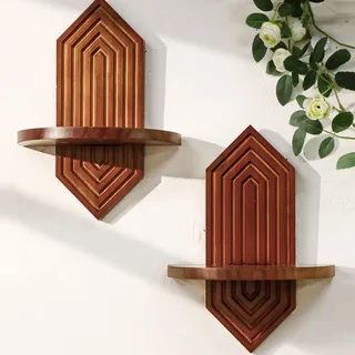Wandregal Pflanzenständer 2 Stück, Holz Pflanzenregal für Wohnzimmer und Zimmer Pflanzen, Hängende Boho Blumenständer, Wanddeko Holz Regal Gewinde Design für Indoor Home Wand Balkon Decoration (C)