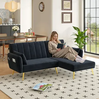 Merax Schlafsofa Klappsofa Ecksofa mit Schlaffunktion, Verstellbarer Rückenlehne, Sofabett aus Samtstoff, L-förmiges Sofa für Wohnzimmer/Schlafzimmer/Gästezimmer, Schwarz