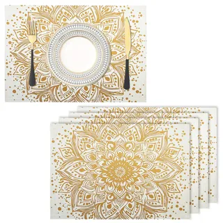 Mandala Blumen Platzsets Abwaschbar 4er Set Platzsets, 45x30cm Tischsets Aus Leinen, Placemat Mit Vintage-Eleganz, Tischsets Abwaschbar Für Esszimmer Küche Partys Tischdekoration, Gold