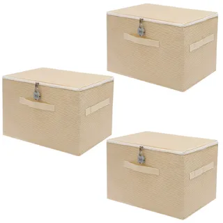 BUTORY Aufbewahrungsbox mit Deckel 3er Set Faltbox Abschließbare Abschließbare Box 38x26x26cm Organizer für Kleidung Kleideraufbewahrung Boxen Aufbewahrung Stoffbox Gestreiftes Beige