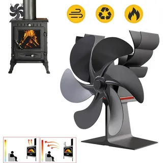 ZELURXX 6 Blade Kaminventilator, 50 bis 350°C, Ofenventilator ohne Strom, Geräuscharmer Betrieb, Rentierform, mit Griff, für Holzöfen, Kamin, S... - Schwarz