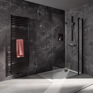 HSK teilgerahmte Walk-In-Duschkabine Drehfalttür pendelbar, an Nebenteil „Exklusiv 2.0“ Glas Linea 02, Profile Gunmetal gebürstet, Scharniere Premium Softcube, B: 1400 mm H: 2000 mm