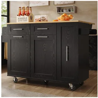 HAUSS SPOLE Kücheninsel Küchenschrank, Speisewagen mit Speicherraum, Snackregalen Schwarz, (Multifunktionale Kücheninsel mit klappbarer Tischplatte, Stauraum und Metallrahmen – eleganter Esswagen mit Holzmaserung, ideal für Küchen und Esszimmer, für moderne Haushalte und kleinere Räume) 134.5 cm x 90.8 cm x 74 cm