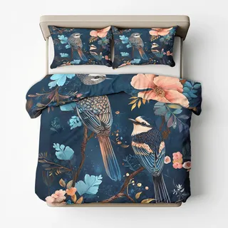 Generisch Bettwäsche 140x200 Blumen Vogel Design, 2teilig - Blaue Vintage Blumen Bettbezug und 1 Kissenbezug 70x90, Wendebettwäsche, Schlafzimmer Deko, Mikrofaser, mit Reißverschluss SD-1536