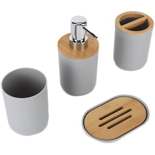 EBTOOLS Set mit 4 Kompletten Badezimmer-Accessoires, Badzubehör aus Kunststoffe und Bambus mit Zahnbürstenhalter, Seifenschale, Lotionspender und Tasse(grau)