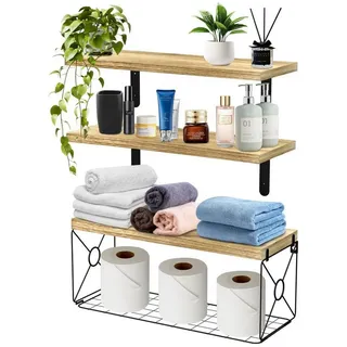 LuxusKollektion Wandregal Wandregal Set 3 Holz mit Korb 40cm Rustikal, 3-tlg. braun