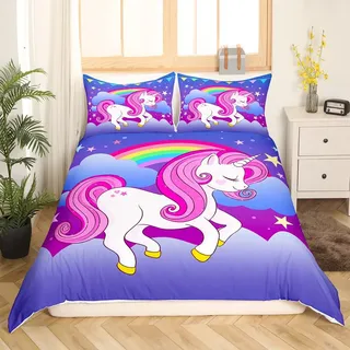 Kinder Regenbogen Einhorn 135x200 Bettwäsche für Mädchen,Kawaii Bettbezug Nette Cartoon Pferd Prinzessin Reversible Tröster Abdeckung Lila Blau Galaxy Bett Sets Einhorn Zimmer Dekor für Mädchen Zimmer