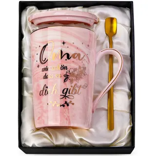 Oma Geschenk Geburtstag, Geschenk für Oma, 14Oz Rosa Marmor Kaffeetasse | Hochwertige Keramik, Goldener Druckgrafik, Deckel, Löffel, Grußkarte, Edle Geschenkbox, Spülmaschinenfest Mikrowellengeeignet