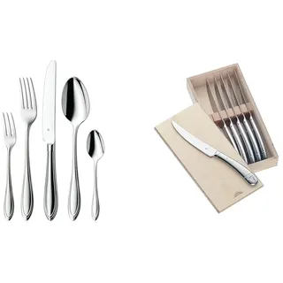 WMF Verona Besteck Set 12 Personen, 60-teilig, Monobloc-Messer & Steakmesser Set 6-teilig, Pizzamesser, Cromargan Edelstahl poliert, Wellenschliff, spülmaschinengeeignet, in Holzbox