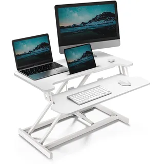 VonHaus Schreibtischaufsatz Höhenverstellbar, Weiß 80 x 40 cm | Steh-Sitz-Arbeitsplatz für Dual-Monitor & Tabletfach, Stehpult-Konverter mit Zwei Ebenen, Mit Tastaturablage