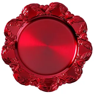 Dekoteller 32cm Kunststoff mit Herzmuster - festliche Platzteller für verschiedene Anlässe - Tischdeko Unterteller für Hochzeit Jubiläum Weihnachten - Weihnachtsteller Weihnachtsdeko - Rot metallic