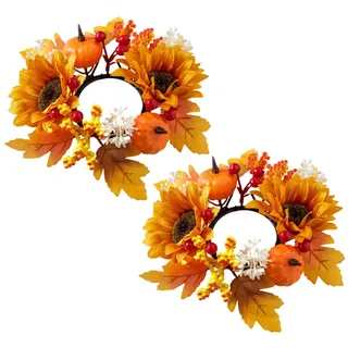 Herbstdeko Kerzenringe, 2 Stück Herbst Dekoration Kerzenkranz Ahornblättern kürbis Deko, Herbst Deko Kerzenringe für Stabkerzen, Kerzen Dekorative Kränze für Thanksgiving Innen Tisch Tischdeko (C)