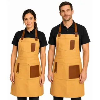 PALLTEX GERARD Kochschürze Herren & Damen Grillschürze – Küchenschürze mit Taschen & Ökoleder – Verstellbare Schürze für Barista, Koch, ... - Beige