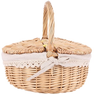 Tsadeer Weidenkorb Picknickkorb mit doppeltem Deckel Aufbewahrungskorb mit Stofffutter, Beige, Rattan