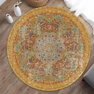 Highdi Teppich Rund Modern rutschfest Waschbar Schlafzimmer Teppiche, Innenbereich Nostalgischer Retro-Stil Runder Teppich fürs Wohnzimmer, Flur, Kinderzimmer, Büro (140cm,Vintage gelb)