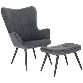 Woltu Ohrensessel Vintage Cordsamt 43 x 98 x 43 cm Dunkelgrau mit Hocker