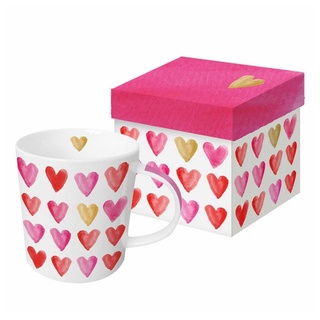 ppd Aquarell Hearts Gold Porzellantasse, Kaffeetasse, Kaffee Becher, New Bone China, Weiß / Pink / Echtgold, 350 ml, 603271