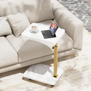 Huhote C-förmiger Beistelltisch, Höhenverstellbarer Sofatisch, 360° Drehtablett Beistelltisch, Nachttisch mit Rollen, C-Tisch für kleine Räume, Couchtisch für Wohnzimmer, Schlafzimmer (Weiß + Gold)