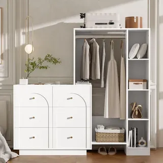 Merax Garderobenset, Kommode mit 6 Schubladen und offener Kleiderschrank mit Kleiderstange, Regale, Wandgarderobe, für Schlafzimmer, Flur, Weiß - Weiß