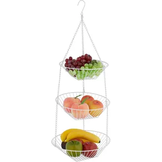 Relaxdays Obstkorb hängend, H x D: 73 x 28 cm, 3 Etagen, Stahl, runder Hängekorb für Obst & Gemüse, Obstschale, weiß