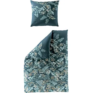 JACK by Bierbaum Mako Satin Bettwäsche 135x200cm 2 TLG. Blätter Dunkelblau Blau Beige