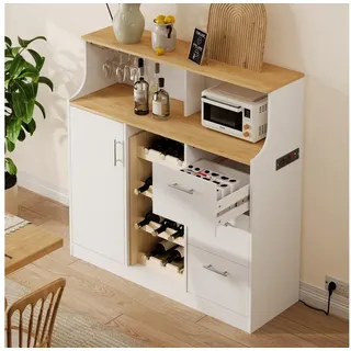 MODFU Sideboard Restaurant-Bar Sideboard mit LED, Steckdosen & Gläserhalter (120x121x40 cm, 1 St., Weinregal & mehrlagiger Stauraum für Küche & Gastrobetrieb), Vielseitige Servierstation für Restaurant, Bar & Esszimmer weiß