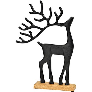 G. Wurm, Weihnachtsdeko, Aufsteller Hirsch auf Mangoholzsockel aus Metall schwarz (B/H/T) 22x33x5cm
