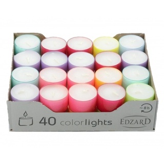 EDZARD 40 Stück Wenzel Colorlights Summer Teelichte, weiß, bunte Kunststoffhülle, ca. 8 h, ø 38 mm, H 24 mm