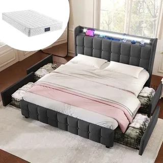 MODFU Polsterbetten 160 x 200 cm, Funktionsbett Doppelbett mit aufladen USB Ladefunktion LED-Beleuchtung und 4 Schubladen(Mit Matratze),Grau - Grau