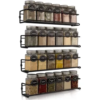 comforder Gewürzhalter 4er Set - Gewürzregal Wand Hängend Ohne Bohren - Metall Spice Organizer für 24 Gläser - Küchenregal Selbstklebend für Wand & Schranktür (Matt Schwarz)