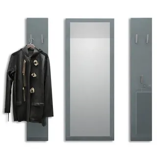 Vladon Garderoben-Set Spot, (Flurgarderobe, mit 2 Garderobenpaneelen und 1 Spiegel), Grau Hochglanz (Paneel: 24 x 140 x 10 cm/Spiegel: 55 x 139 x 2 cm) grau