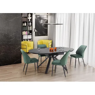 designimpex Design Esstisch rund HA-500 Glasplatte Marmor Schwarz ausziehbar Glas, Farbe:Marmor Schwarz - Schwarz matt