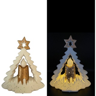Online-Fuchs LED Dekoobjekt als Tannenbaum mit goldener Kerze aus Keramik, LED Beleuchtung, LED fest integriert, Lichtfarbe: warmweiß, 6-Stunden-Timer, Maße: 28x24x9 cm, Weihnachts-Deko, Glitzer weiß