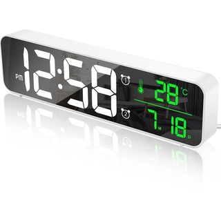 MOSUO Digitaler Wecker, LED Wecker Digital Spiegel Wanduhr Große Ziffern Tischuhr mit Datum Temperaturanzeige, USB Digitalwecker Uhr, 2 Alarmen 40 Musik, Einstellbare Helligkeit, Weiß