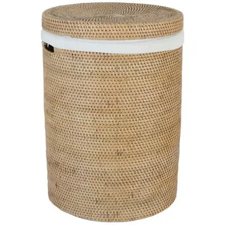 Casa Moro Wäschekorb Rattan Wäschebehälter CLEO mit Deckel & Innenfutter rund (Aufbewahrungskorb rustikal geflochten, Rattankorb), Boho Chic Wäschesammler mit Griff beige 30 cm x 40 cm