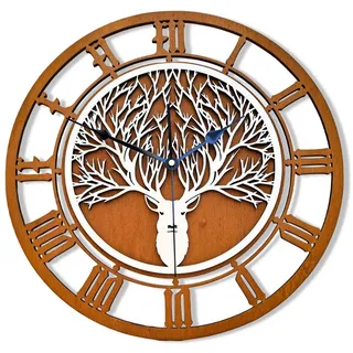 ORNAMENTI Wanduhr rustikal,skandinavisch, alpenländischer Stil, Hirsch, moderne, holz (hingucker Wanduhr, Handmade, ohne Ticken, Wanddeko, 3 Größen) 50 cm