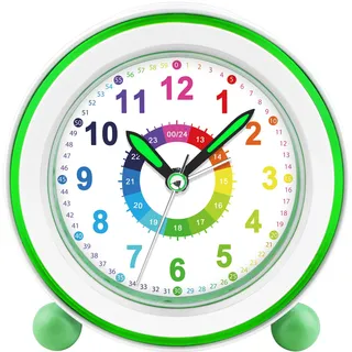DTKID Wecker Kinder, Kinderwecker Ohne Ticken mit Snooze und Nachtlicht, Analoger Wecker für Jungen und Mädchen, Lernwecker Kinder, Batteriebetrieben (Grün)