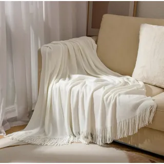Hayisugal Wohndecke Weich Strick Wolldecke Quaste Kuscheldecke Einfarbig Sofadecke Schlafdecke Decke überwurf Decke Reisedecke, Weiß, 130x150cm