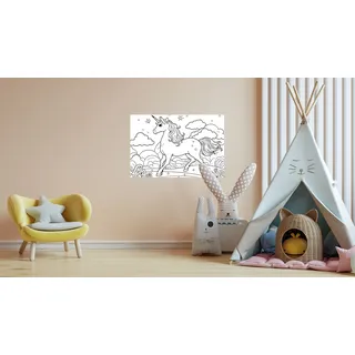 Queence Wandsticker QUEENCE "Einhorn auf Blumenwiese", weiß, B:90cm H:60cm, Vinyl, Wandtattoos, DIY-Wandsticker zum Bemalen