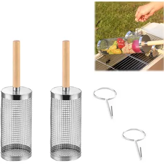 Fleymu Rollender Grillkorb mit abnehmbarem Holzgriff - Outdoor Grillzubehör aus Edelstahl 304 für Gemüse & Fleisch - Ideales Grillgeschenk für Männer & Väter