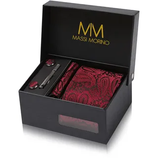 Massi Morino Krawatte mit Einstecktuch Set Herren inkl. Manschettenknöpfe, Krawattennadel und Geschenkbox - Männer Krawattenset zur Hochzeit - Einheitsgröße